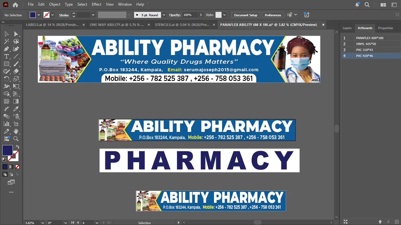 Adobe Illustrator signage artwork layout for Ability Pharmacy