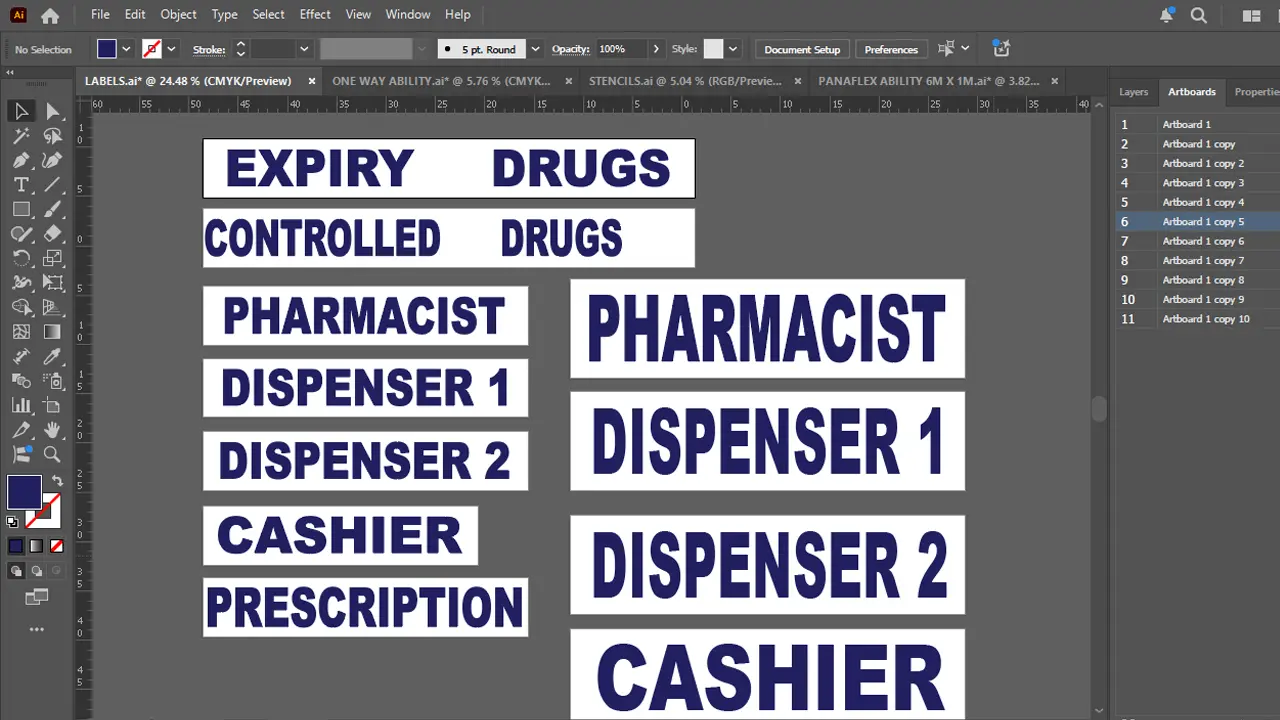 Counter labels and signage design layout for Ability Pharmacy