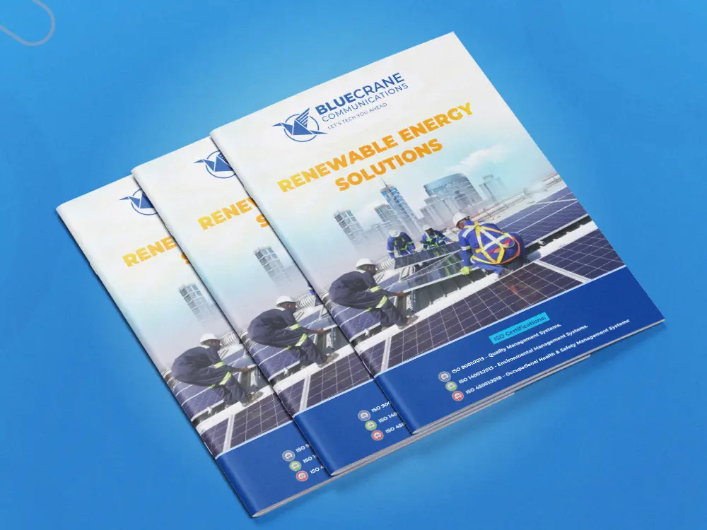 Blue Crane Communications Ltd company profile design cover mockup by Kamog Artistry (U) Ltd