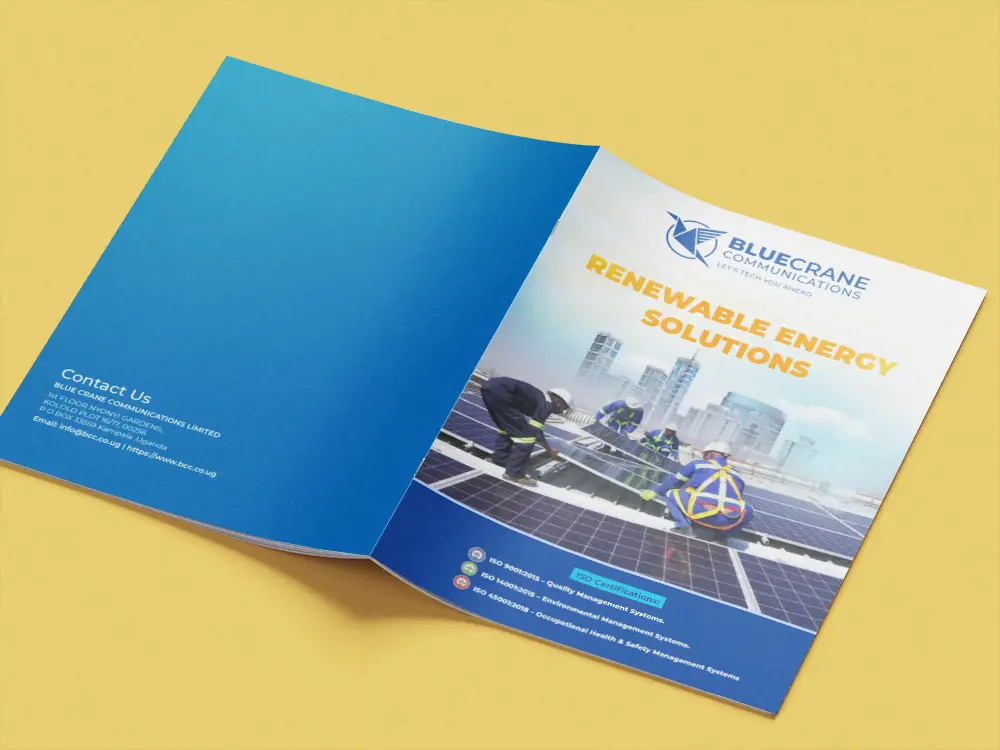 Closed company profile booklet mockup for Blue Crane Communications Ltd