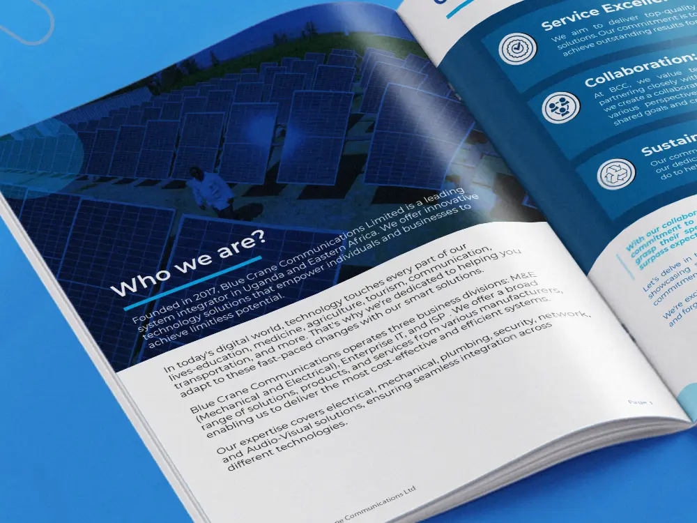 About page design from Blue Crane Communications Ltd company profile layout