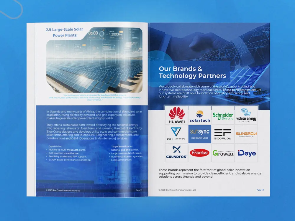 Blue Crane Communications Ltd projects page design from company profile case study by Kamog Artistry (U) Ltd