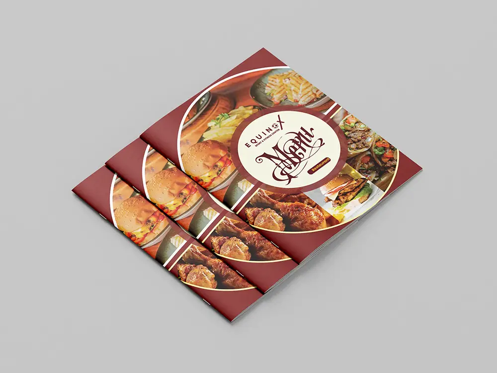 Equinox printed menu cover stack with appetising food-led cover design