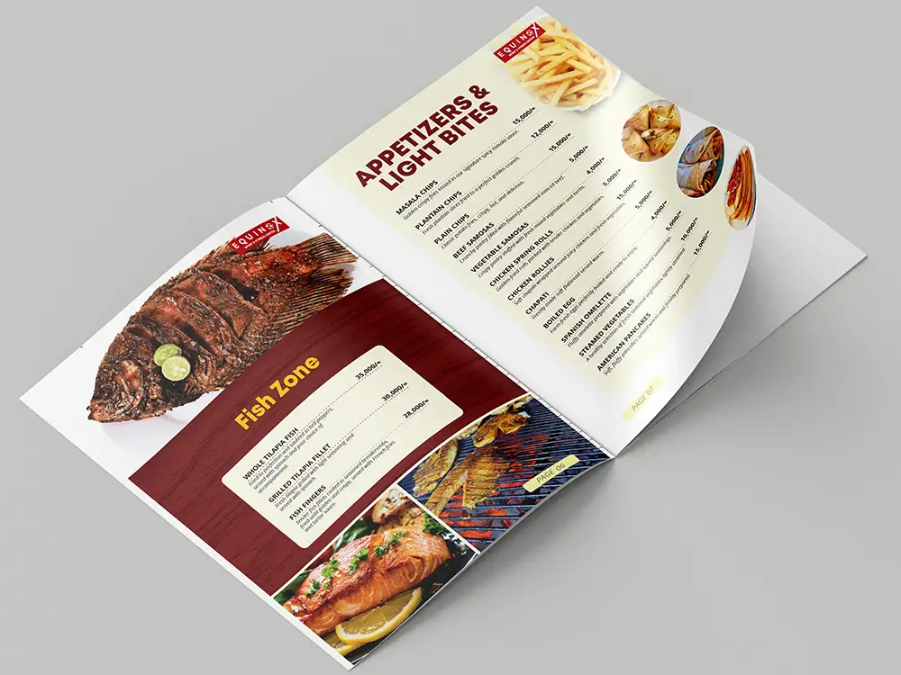 Equinox Fish Zone and light bites menu spread with food sections and pricing