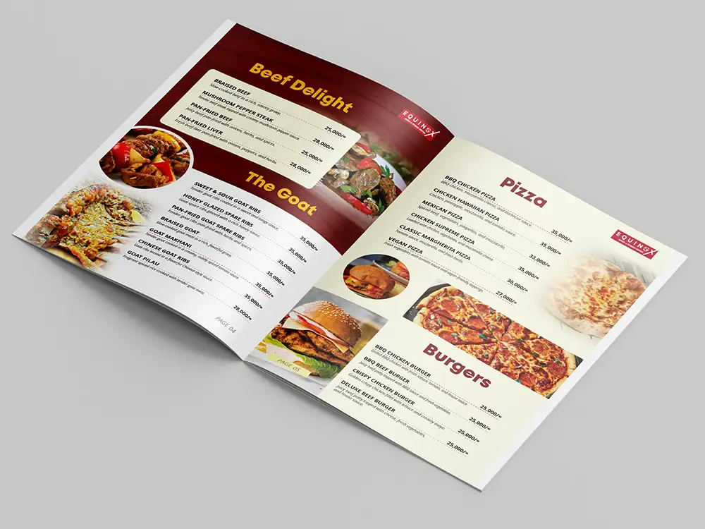 Equinox beef goat pizza and burgers menu spread for hearty food sections