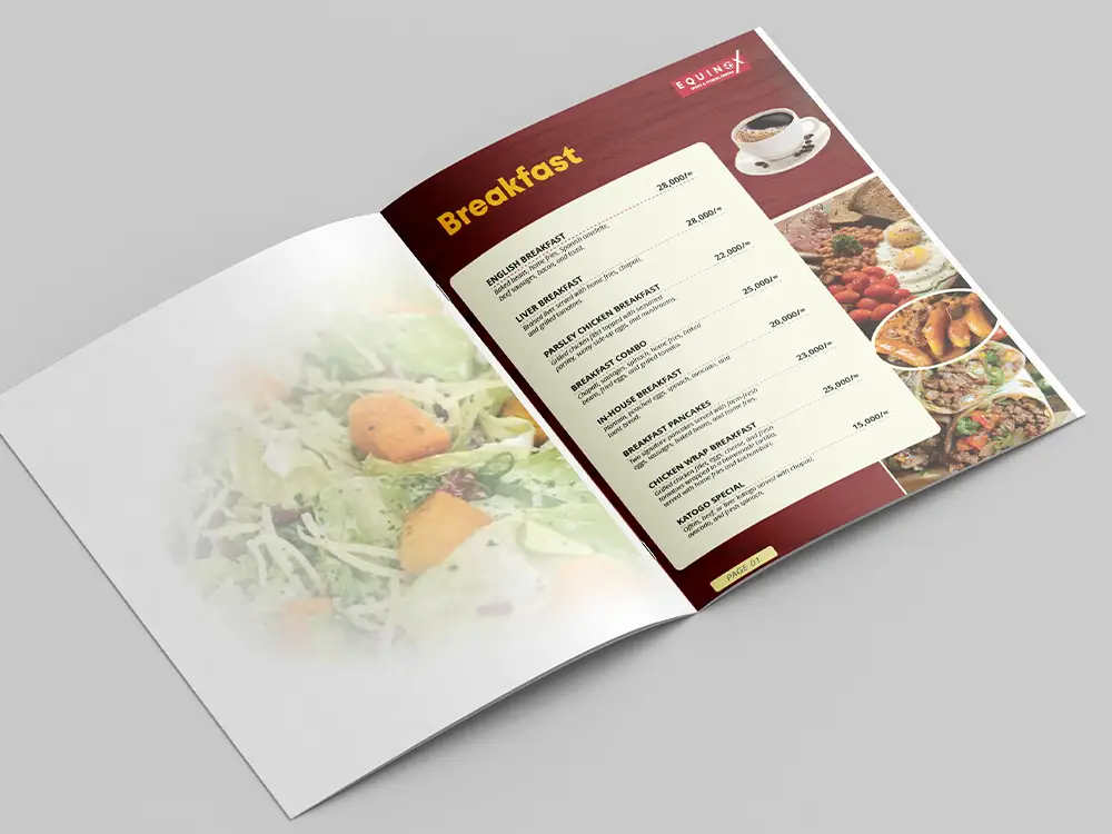 Equinox breakfast menu page with morning meal options and warm menu layout