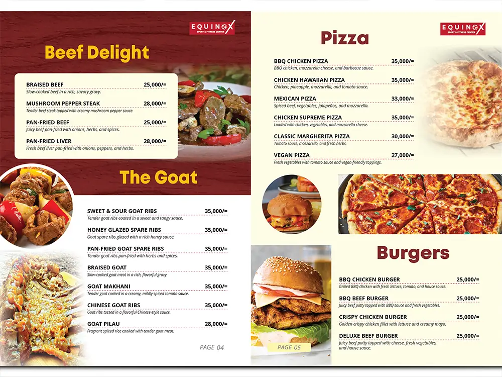Equinox beef goat pizza and burgers pages with clear food categories and prices