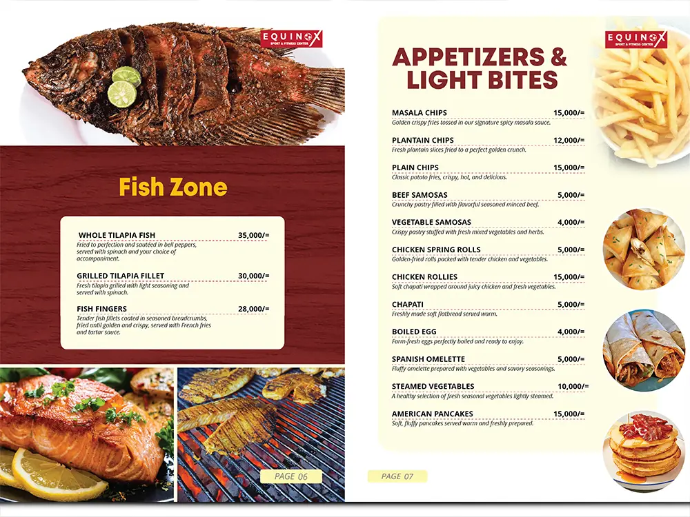 Equinox Fish Zone appetizers and light bites pages with clean customer layout