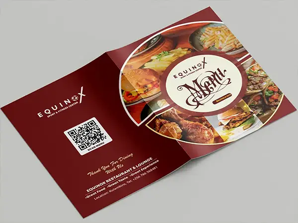 Equinox Restaurant menu design, printed menu mockups and QR digital menu access by Kamog Artistry in Kisasi Kulambiro