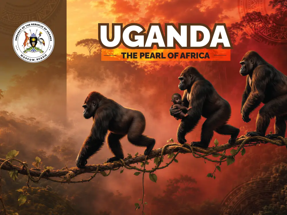 Final approved Feliz Tropical Safaris backdrop artwork featuring Uganda gorilla tourism imagery and the Embassy of Uganda Moscow seal