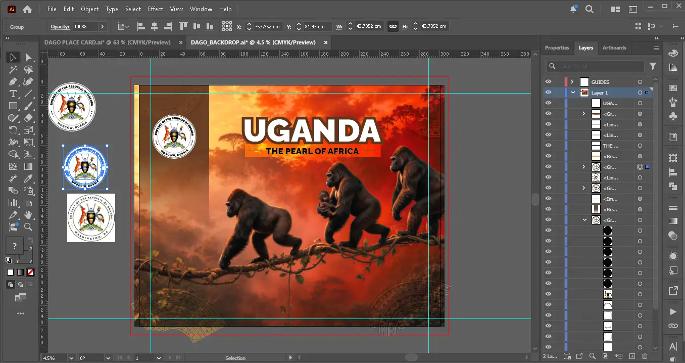 Adobe Illustrator workspace showing the Uganda tourism backdrop layout and production file preparation