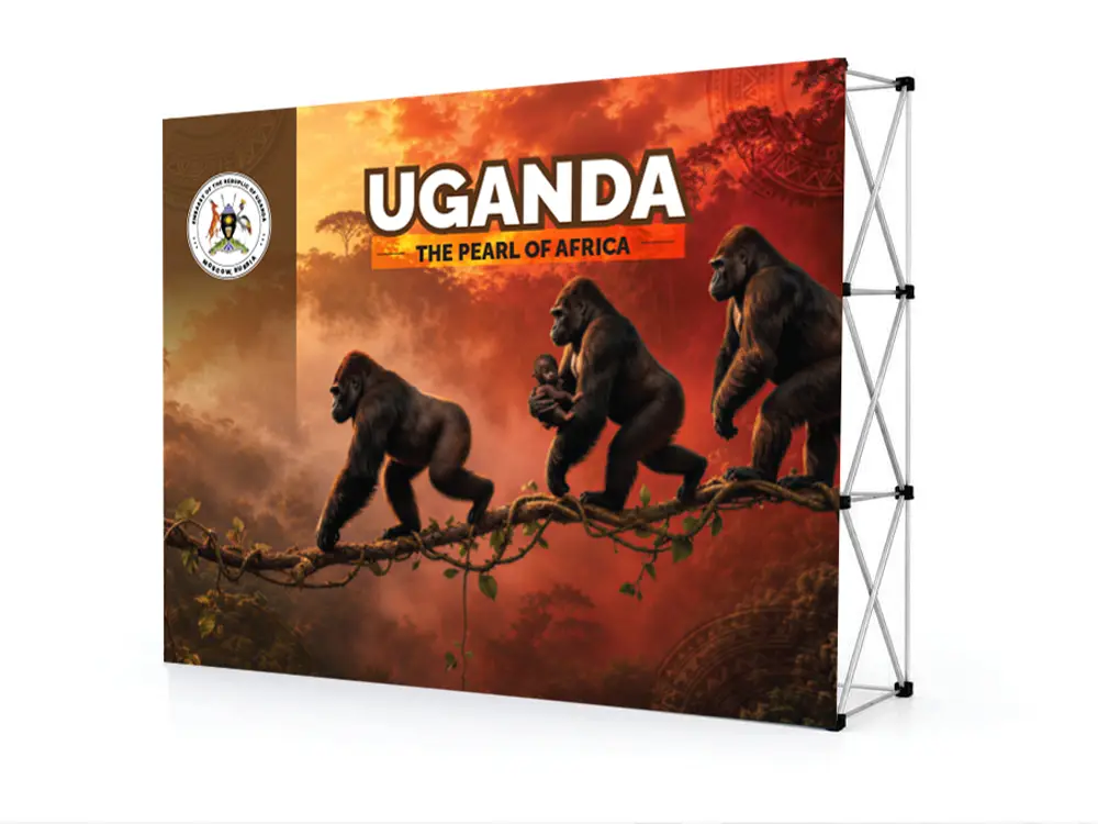 Realistic mock presentation showing the approved Feliz Tropical Safaris artwork on a reusable event backdrop stand