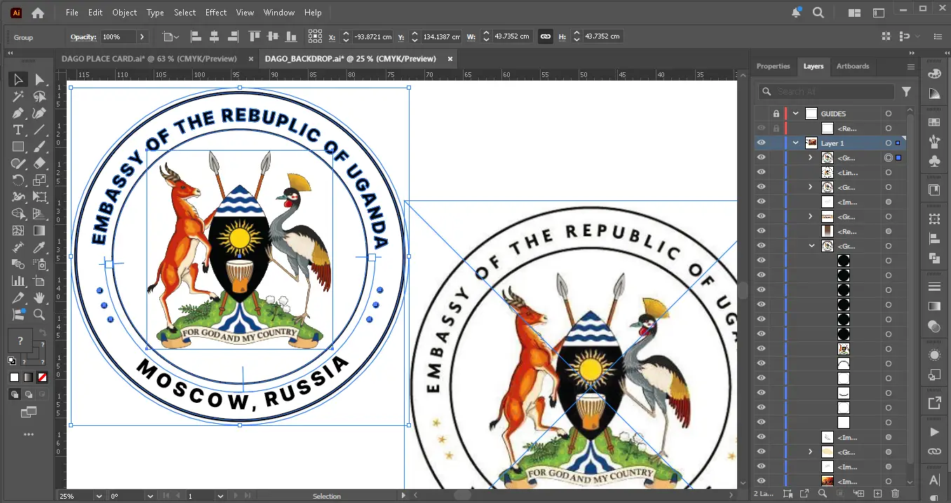 Adobe Illustrator workspace showing reconstruction of the Embassy of the Republic of Uganda Moscow circular identity for clear large-format reproduction