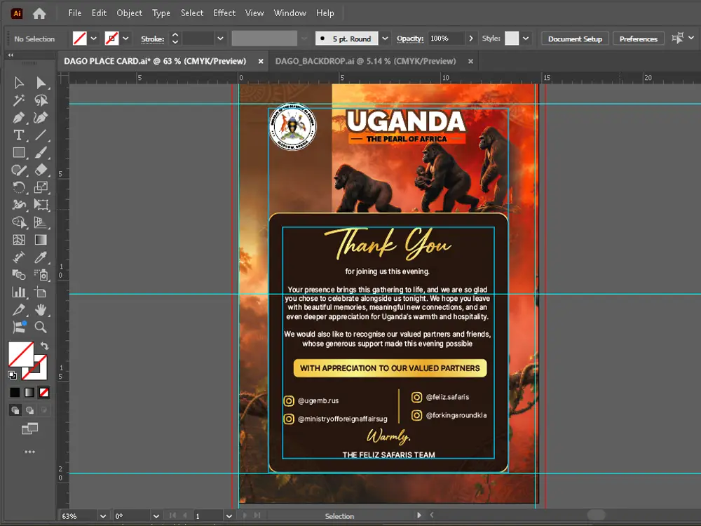 Adobe Illustrator setup for the Feliz Tropical Safaris A5 appreciation place card with bleed, trim and safe-area guides