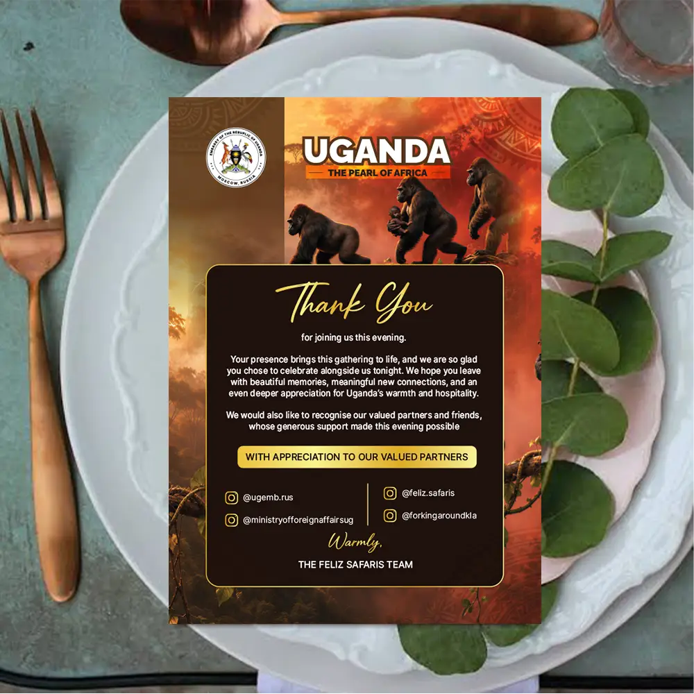 A5 Feliz Tropical Safaris appreciation place card mockup displayed on a formal dining table setting