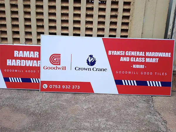 Goodwill and Crown Crane hardware signage after fabrication stretching and aluminium finishing