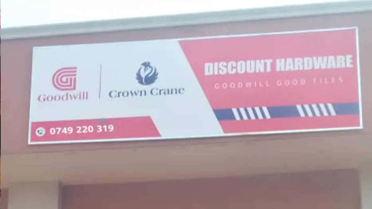 Installed frontage after alignment at Discount Hardware • Kaazi–Busabala for the Goodwill and Crown Crane rollout