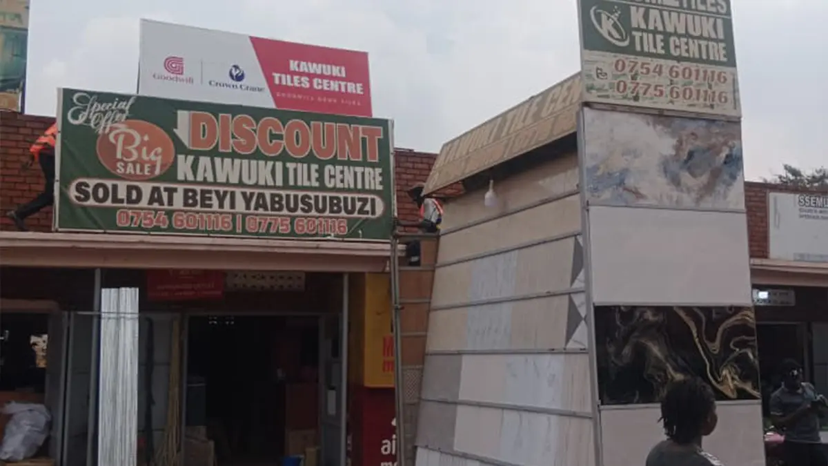 Crown Crane sign fixed on the elevated structure at Kawuki Tile Centre • Gayaza for the Goodwill and Crown Crane rollout