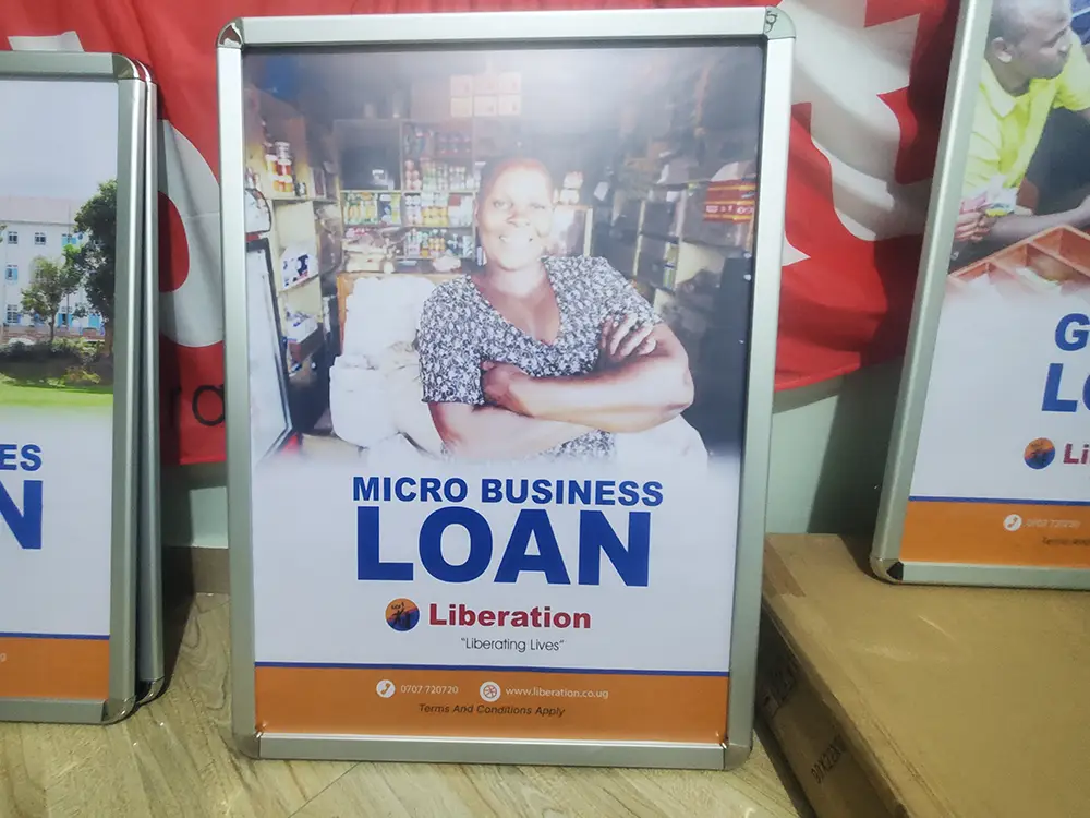 Micro Business Loan snapper frame artwork fitted into a display frame for branch product visibility.