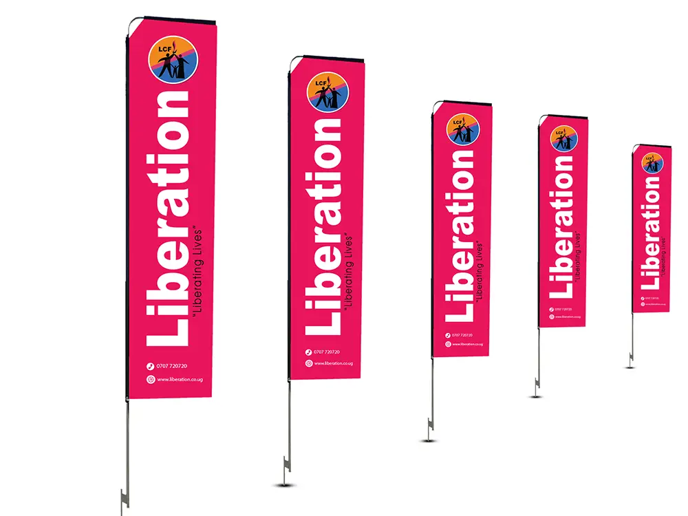 Mockup showing 4.5m telescopic teardrop banners lining for Liberation Community Finance.