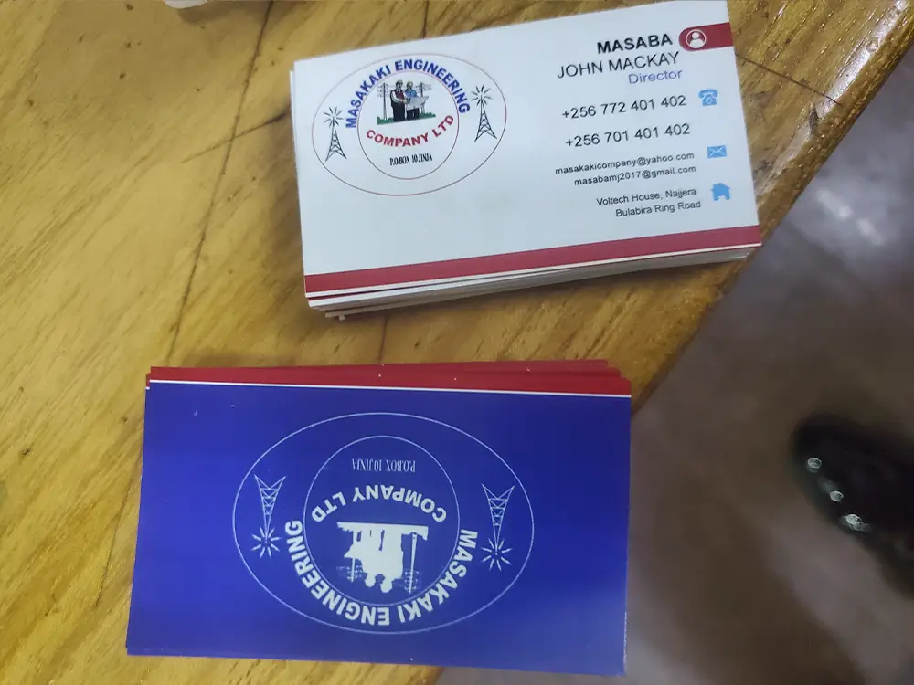 Non-tearable matt-finish cards delivered from Masakaki Engineering company branding case study by Kamog Artistry (U) Ltd