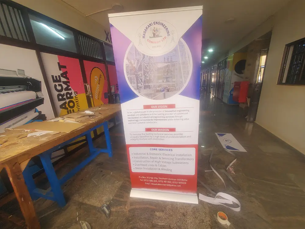 Finished Masakaki Engineering pull up banner from company branding case study by Kamog Artistry (U) Ltd