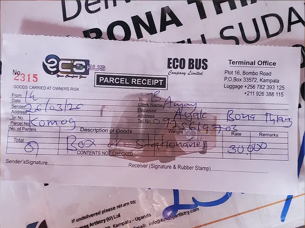 Eco Bus receipt for PAPAN SSD delivery to Juba