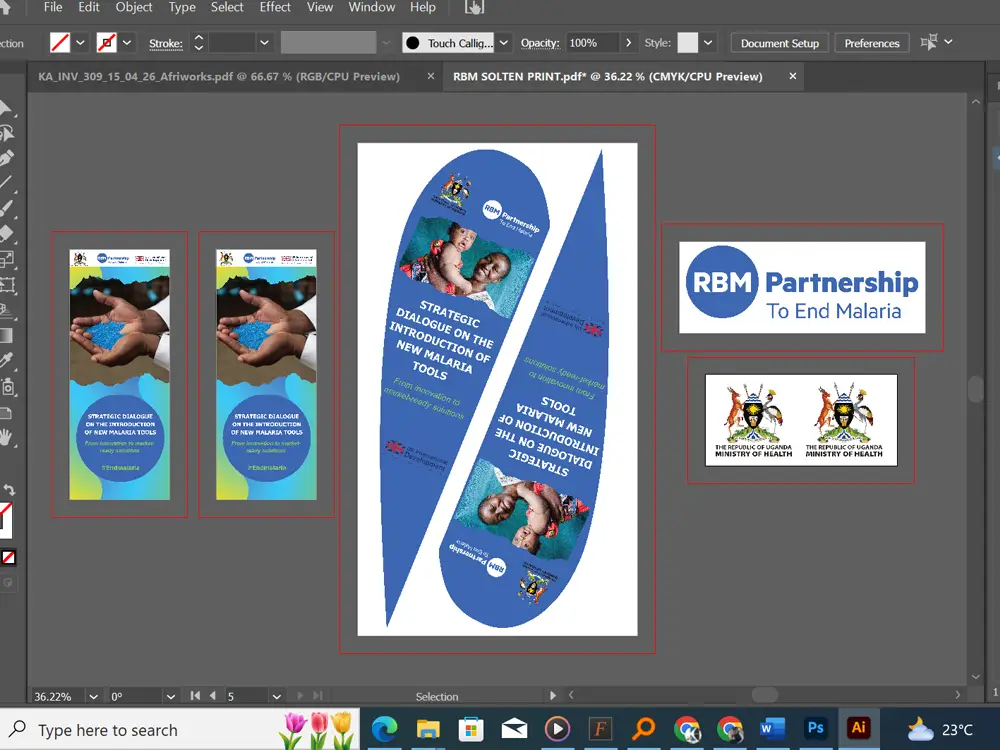 Preparing logos and layouts for print from RBM Partnership to End Malaria event branding case study by Kamog Artistry (U) Ltd