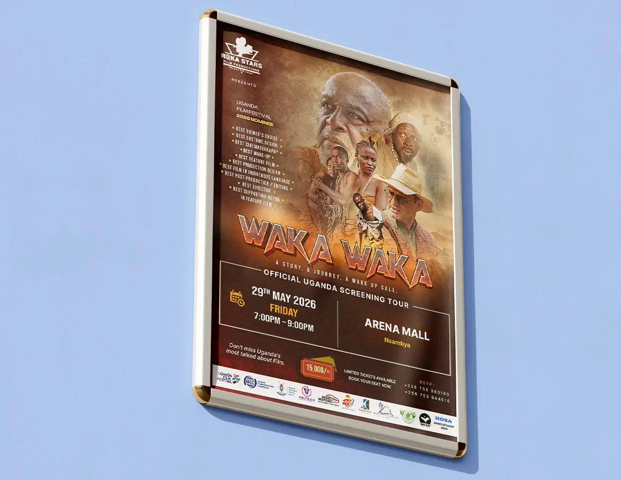 Waka Waka wall mounted snap frame cinema poster mockup