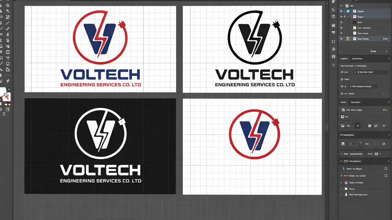 Adobe Illustrator workspace showing a logo system with full-colour, black, white and icon-only versions for a Kampala business branding project