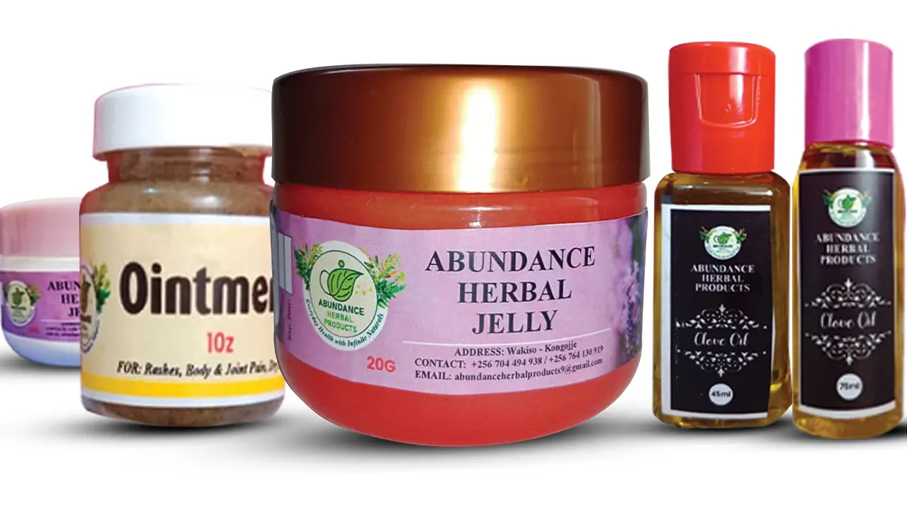 Abundance Herbal Products packaging lineup with branded jars, bottles and labels showing consistent product presentation for a Kampala branding checklist article