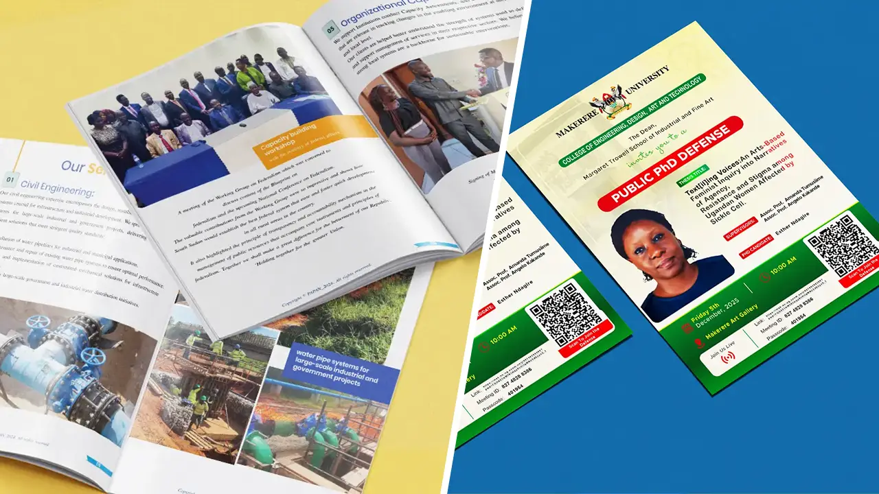 Folded brochure versus flyer layout comparison showing organized brochure panels and simple flyer structure for business printing in Kampala