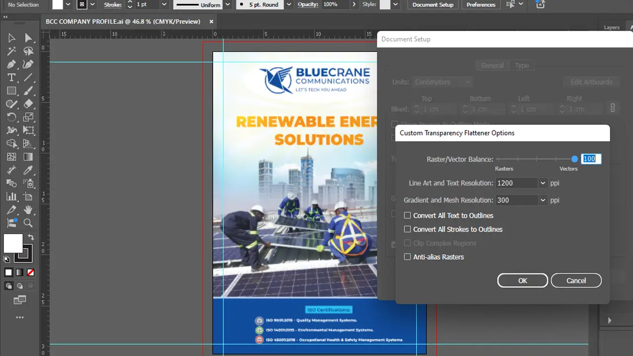 Artwork layout with bleed guides safe margins CMYK color mode and 300 DPI setup for professional printing in Uganda