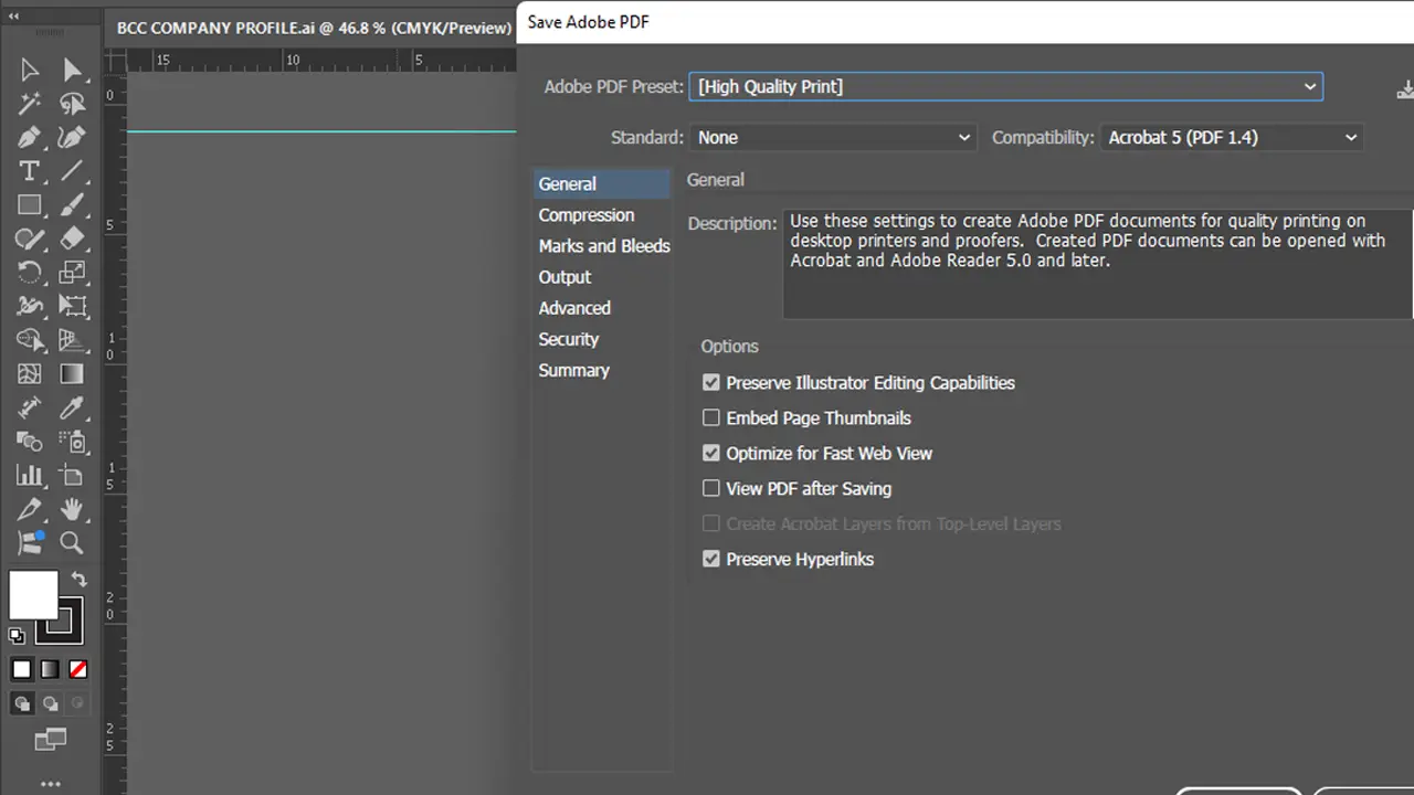 Export screen showing high-quality print PDF settings with embedded fonts bleed and CMYK preparation for a Uganda printing job