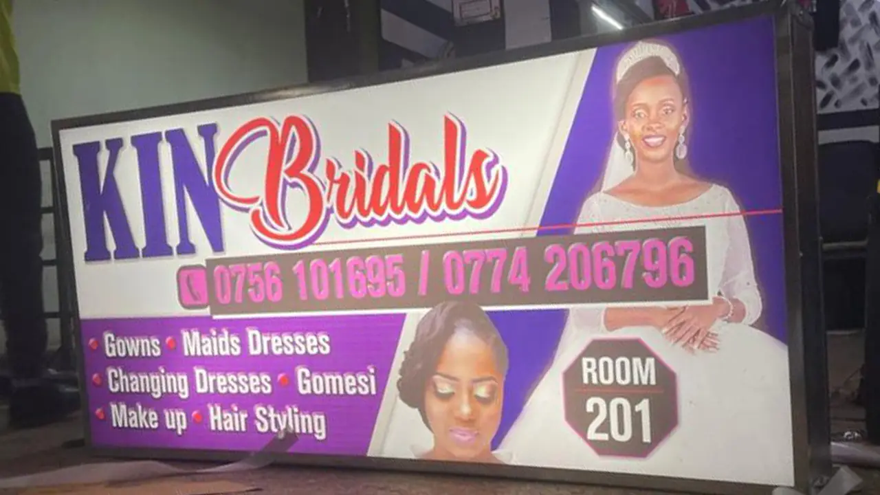 Shop signage materials and finishes in Uganda showing aluminium acrylic printed panels and branded face options