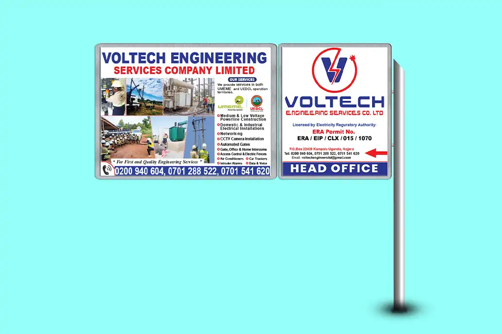 Exterior signage showcasing corporate identity rollout for Voltech Engineering in Kampala.