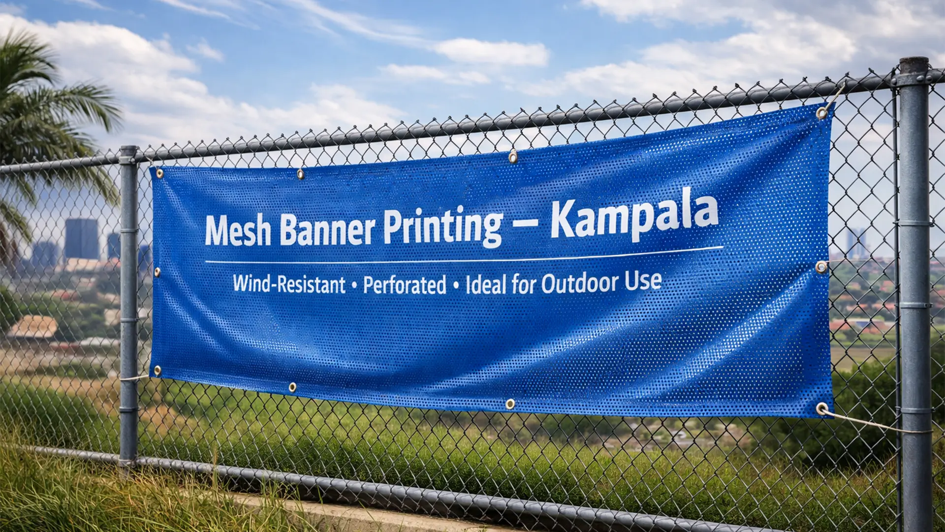 Mesh banner printing in Kampala for windy outdoor placement.