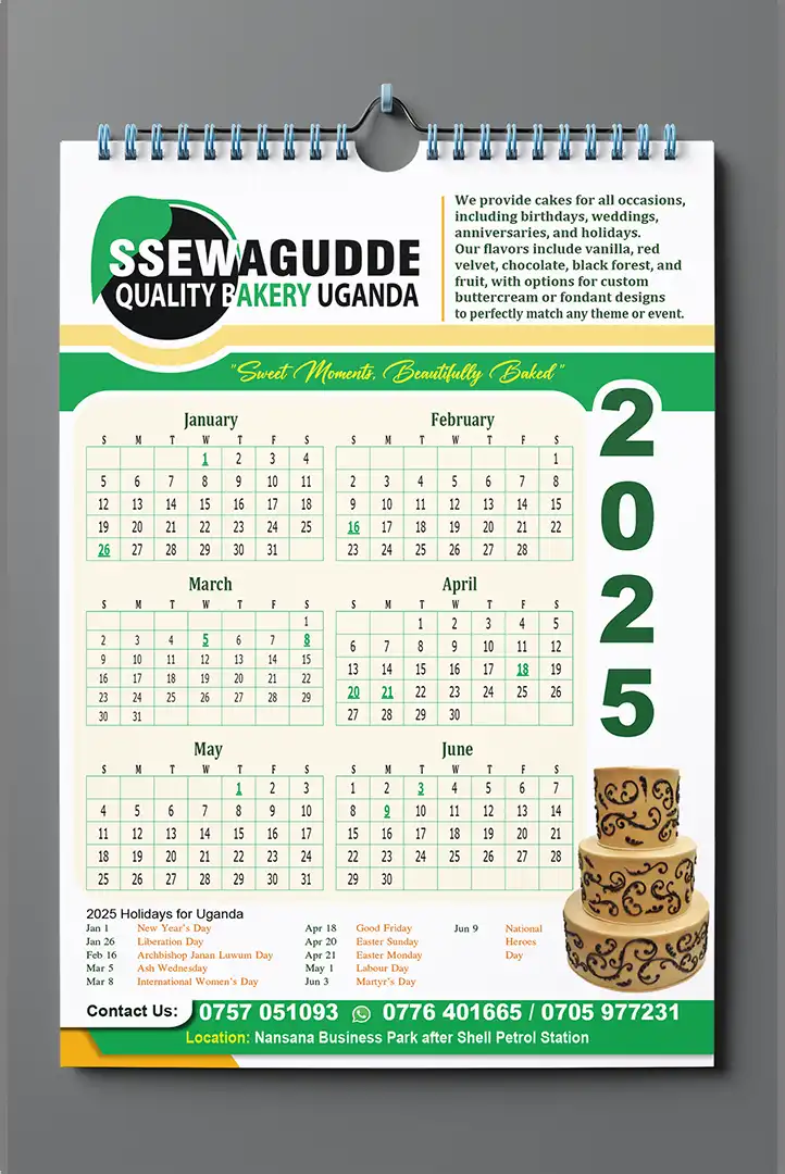 Desk calendar printing in Kampala with stable stand and readable date grid.