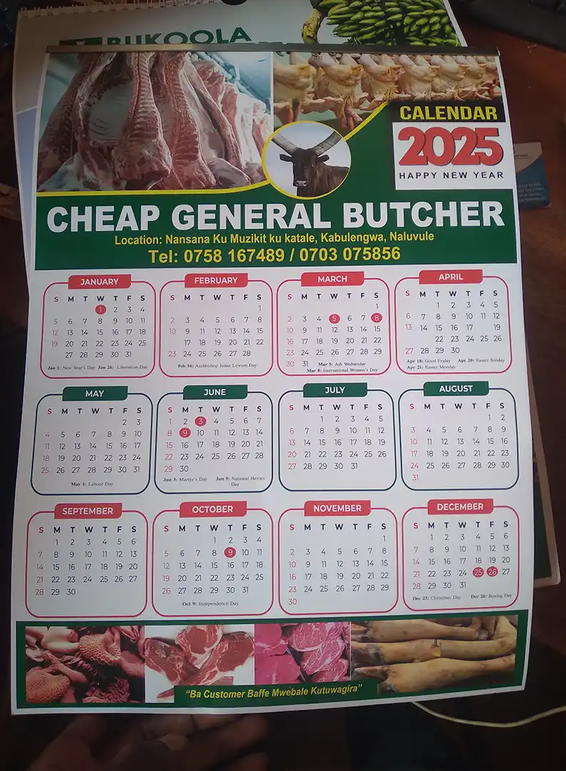 Custom monthly photo calendar printing in Kampala with consistent brand identity.