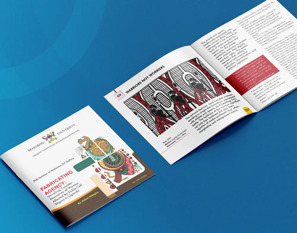 Printed academic catalogue cover and open spread for a university publication in Kampala