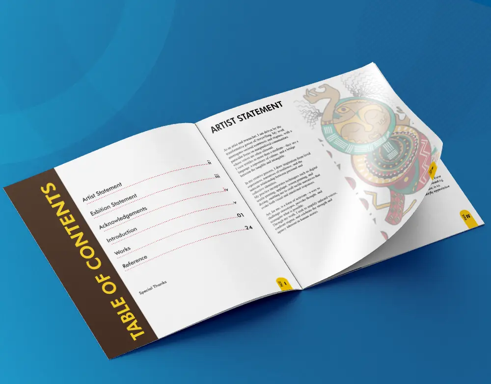 Open exhibition or institutional catalogue showing structured contents pages and branded layout