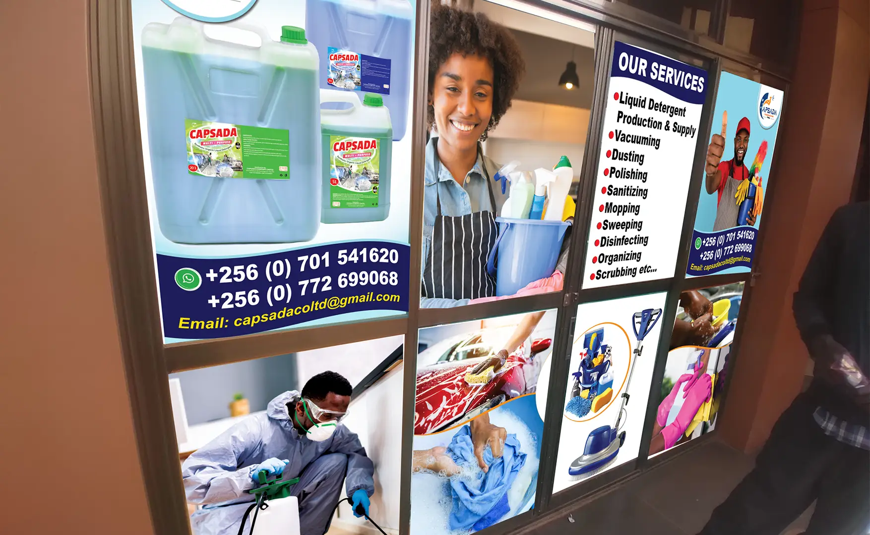 One way vision perforated window sticker branding on shop glass in Kampala.